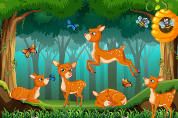 Forest scene with deers jumping