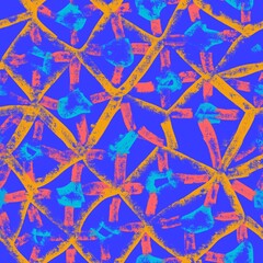 Abstract blue, yellow, pink seamless pattern. Lines, spots on a blue background. 