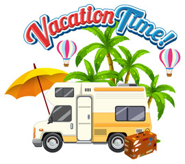 Lets go on a road trip icon with van for summer