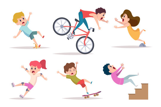 Kids falling. Boys girls outdoor running and falling shocked accident dangerous situation for children exact vector concept pictures