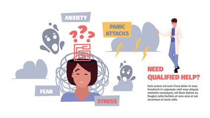 Prejudice problem. Mind brain negative stoped thoughts conservative mental blocks garish vector flat concept background