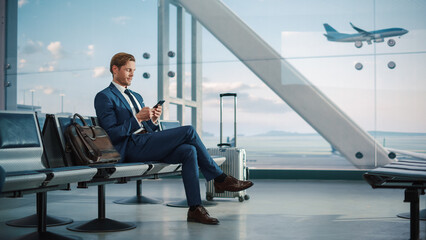 Airport Terminal: Businessman Uses Smartphone, Waiting for a Flight, Doing e-Business, Sending...