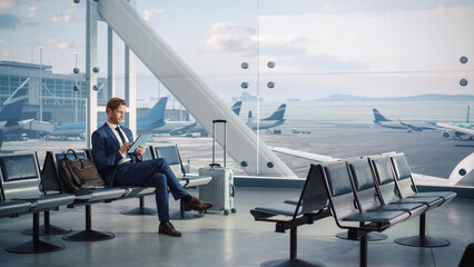 Airport Terminal Flight Wait: Smiling Businessman Uses Digital Tablet Computer for e-Business,...