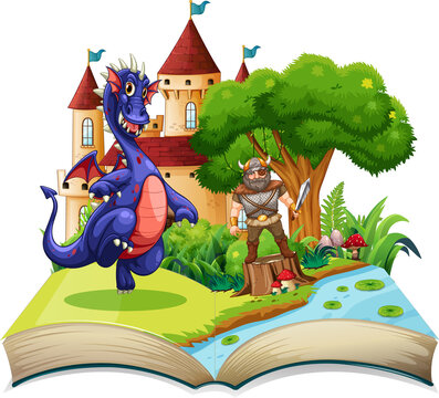 Book with scene of knight and dragon fighting