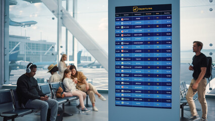 Airport Terminal: Young Man Looking at Arrival and Departure Information Display Looking for His...