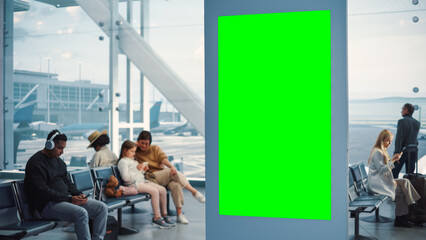 Airport Terminal: Green Screen Advertising Billboard, Arrival Display with Chroma Key, Mock-up AD...