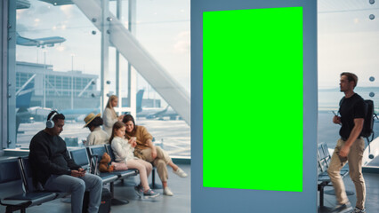 Airport Terminal: Green Screen Advertising Billboard, Arrival Display with Chroma Key, Mock-up AD Space. Backgrond: Diverse Crowd of People Wait for their Flights in Boarding Lounge of Airline Hub