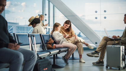 Busy Airport Airplane Terminal: Happy Beautiful Mother and Cute Little Daughter Wait for their...