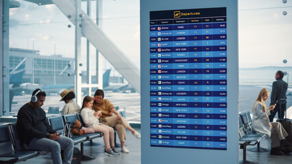 Airport Terminal: Arrival, Departure Information Display Showing all the Useful Flight Data For...