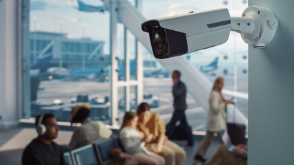Airport Terminal: Futuristic AI Big Data Analysing Surveillance Camera that Keeps People Safe....