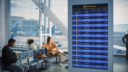 Airport Terminal: Arrival, Departure Information Display Showing all the Useful Flight Data For Travelers. Backgrond: Diverse Crowd of People Wait for their Flights in Boarding Lounge of Airline Hub