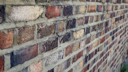 Background of old vintage dirty brick wall with peeling plaster, texture, Background of old vintage brick wall