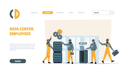 Data center landing. Servers engineers workers repairing industrial web servers garish vector web page template