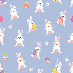 Obraz na płótnie Canvas Happy bunny and Easter eggs seamless pattern. Rabbit cartoon character set. Animal wildlife vector. Spring season background.
