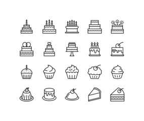 Cake flat line icons set. Sweet dessert of birthday baking, wedding cake, cup cake. Simple flat vector illustration for web site or mobile app