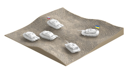 Russian and Ukrainian tanks on a battlefield. 3D Rendering