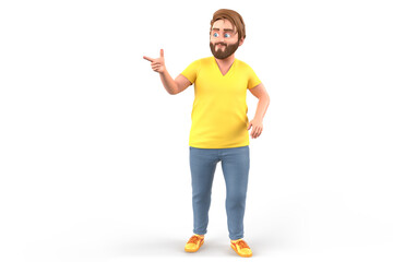 Cheerful man pointing aside at empty space. 3D illustration