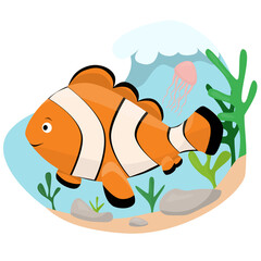 A fish swims in the ocean, below the sea floor with sea jellyfish and algae