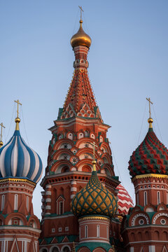 Russia, Moscow, Exterior of Saint Basils Cathedral at dusk