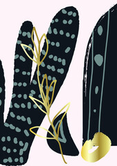 Poster, print, background, with abstract spots, flower, gold splashes, plants, background.