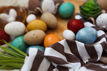 Traditional Easter painted eggs on white background.