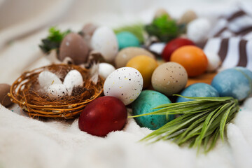 Traditional Easter painted eggs on white background.