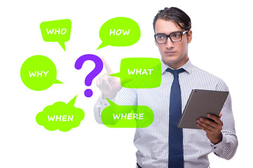 Concept of many different questions asked with businessman