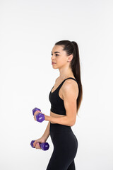 Young woman with dumbbell fit slim abs body isolated on a white background. Healthy lifestyle.