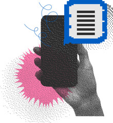 Illustration Hand Holds The Phone With Speech Bubble Abstract Shape