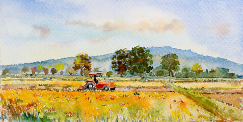 Watercolor landscape painting farmer farm tractor with mountain and sky - 493924825