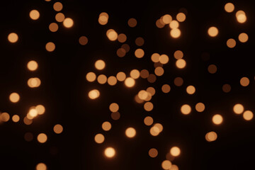 Defocused bokeh lights on black background, an abstract naturally blurred backdrop for Christmas eve or birthday party. Festive light texture. Yellow and red garland in blur. Overlay effect for design