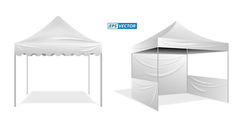 set of realistic outdoor advertising promotional tent or white trade tent isolated or trade tent mobile advertising marquee protection from sun and rain. eps vector
