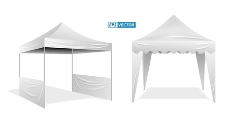 set of realistic outdoor advertising promotional tent or white trade tent isolated or trade tent mobile advertising marquee protection from sun and rain. eps vector
