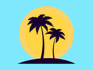Fototapeta na wymiar Two palm trees at sunset. Romantic tropical sunset. 80s Retro style. Design for advertising brochures, banners, posters, travel agencies. Vector illustration