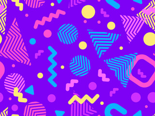 Geometric seamless pattern in 80s memphis style. Colorful background design for printing banners, posters, wrapping paper and promotional items. Vector illustration