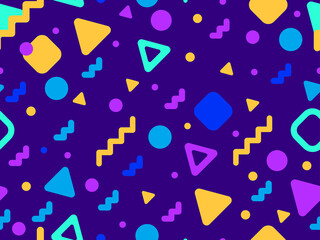 Memphis seamless pattern with geometric shapes in 80s style. Abstract colorful background design for brochures, banners and promotional items. Vector illustration