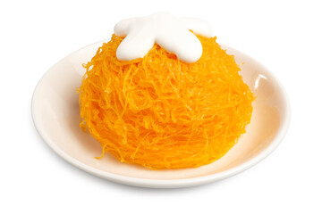 Fresh Homemade Golden Egg Yolk Threads Cake, Thai sweets, suitable for teatime, isolated on white background. Clipping path