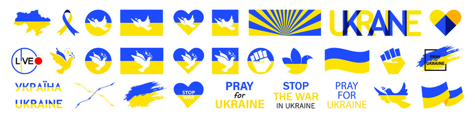 Large different set of Ukrainian icons, pictograms and symbol. Pray for Ukraine, Ukraine flag, Ukraine map. Vector illustration isolated on white background. EPS 10