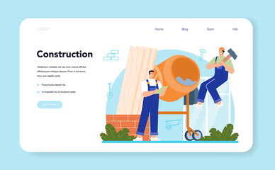 Constructor web banner or landing page. House and road building process