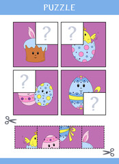 Puzzle for kids. Find the missing parts of the picture. Simple educational game. Cut and glue. Vector worksheet