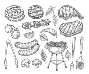Hand drawn bbq. Sausages vegetables grill sketched elements. Healthy seasonal barbecue rib and lamb, meat restaurant menu vintage neoteric vector signs - obrazy, fototapety, plakaty