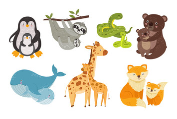 Cartoon mother animals. Animal baby hugging mom, cute sloth, bear, snake and fox. Adorable wild babies, forest child. Childish neoteric vector characters