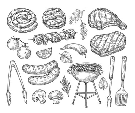 Hand drawn bbq. Sausages vegetables grill sketched elements. Healthy seasonal barbecue rib and lamb, meat restaurant menu vintage neoteric vector signs