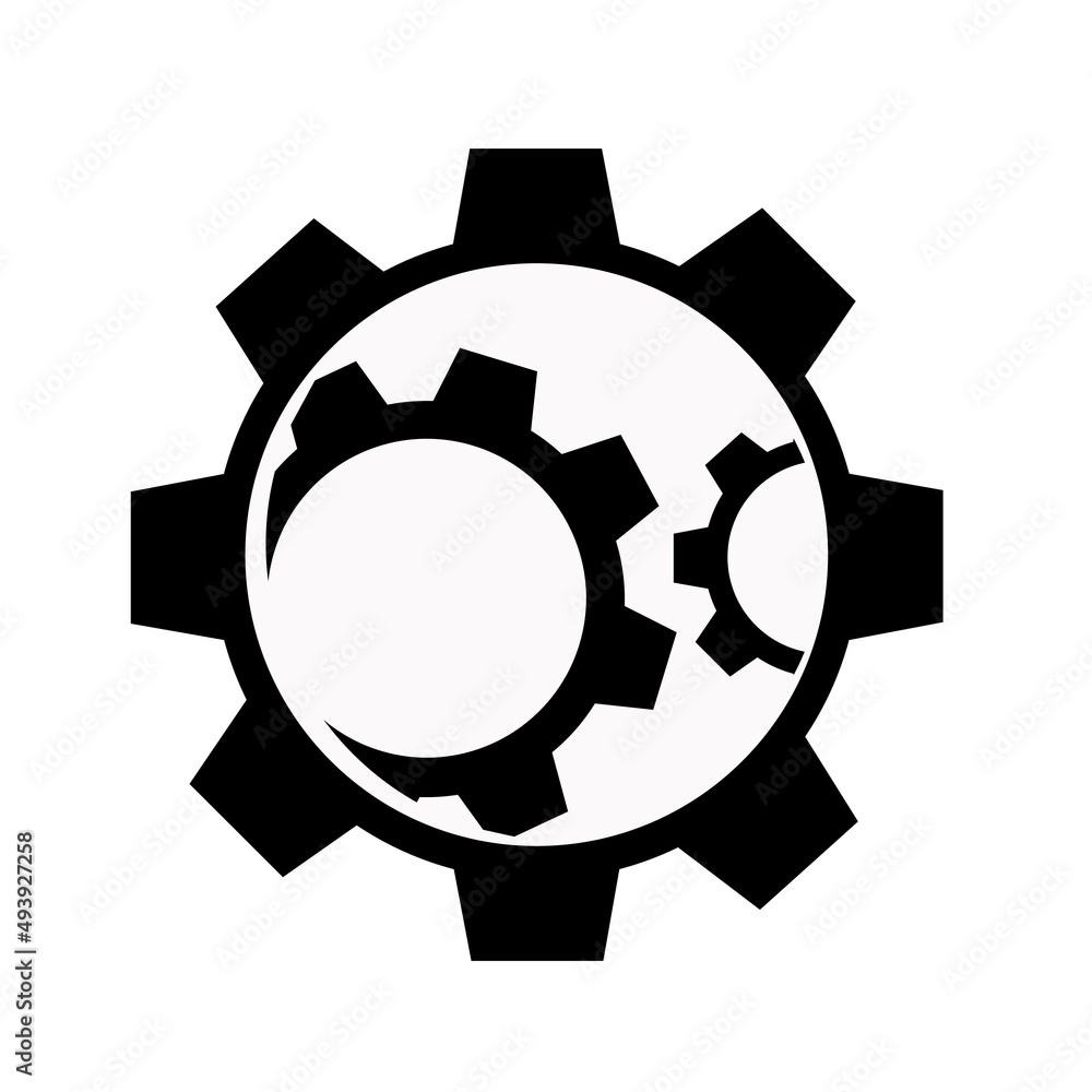 Aufkleber three interacting systems. transmission wheels rotation sign. the process of a complex technological