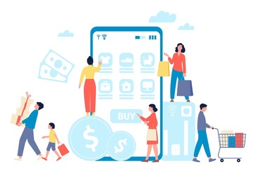 Online shopping. Smartphone ordering clothes and beauty elements. E-commerce, digital market and smart payment. Web store and customers recent vector scene