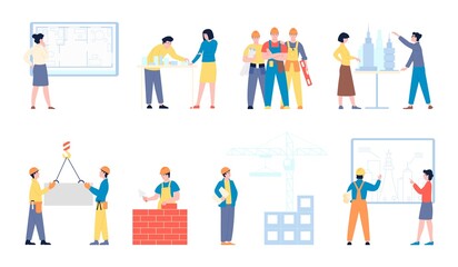 Naklejka premium Architect builder characters. Workmen, woman in architecture and flat design. Architects working project, engineering and construction people recent vector set