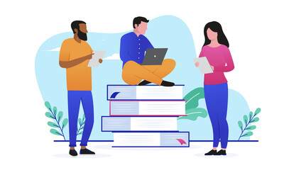 Business research team - Three people researching and working in casual clothes. Flat design vector illustration with white background