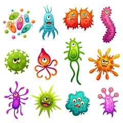 Cute bacterias. Bacteria character, cartoon germs. Colorful cell and microbe, health icons. Funny monsters and garish vector viruses with emotional faces