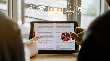 co working concept, business people using digital tablet for working with virtual interface icons network diagram, connecting, brainstorm, and business idea.