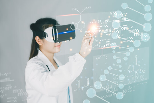 Doctor touching virtual screen, modern medical technology concept, DNA structure, connecting health information on tablet.